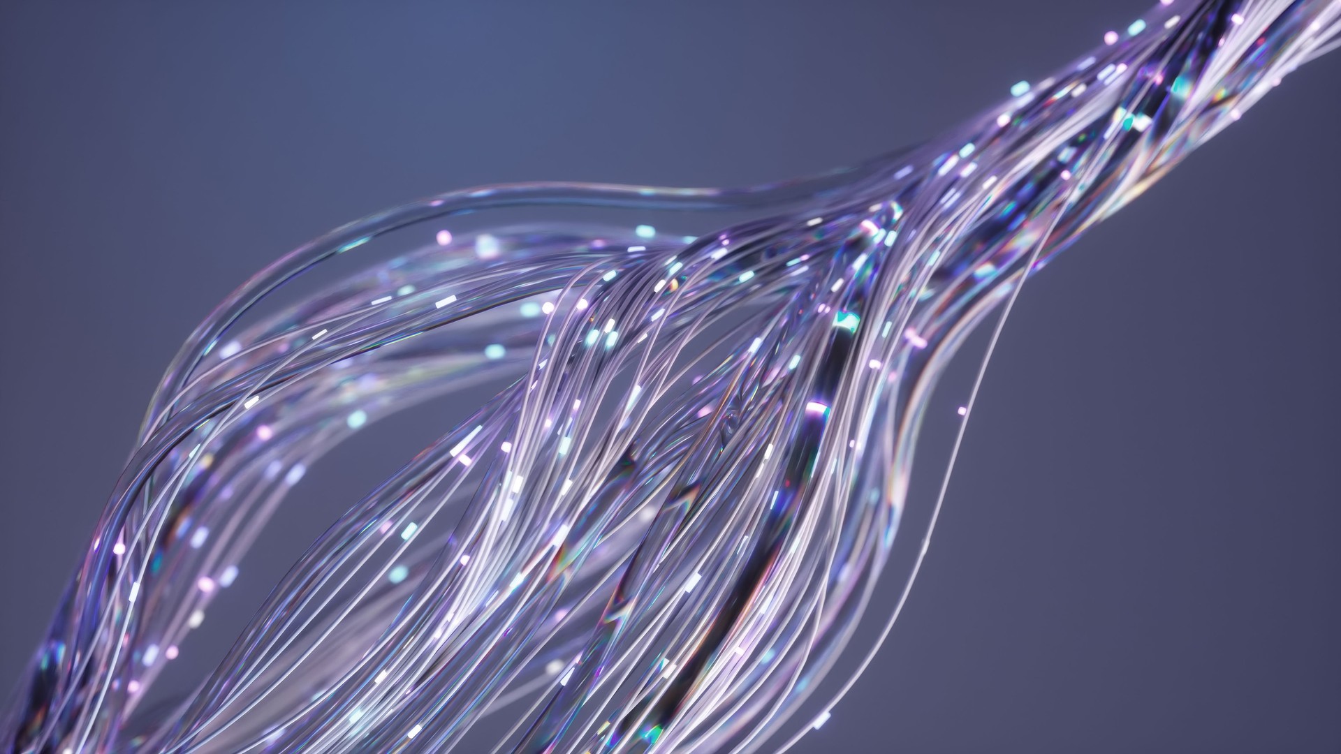 Futuristic technological backdrop is created by a network of fiber optic cables transmitting data through light pulses